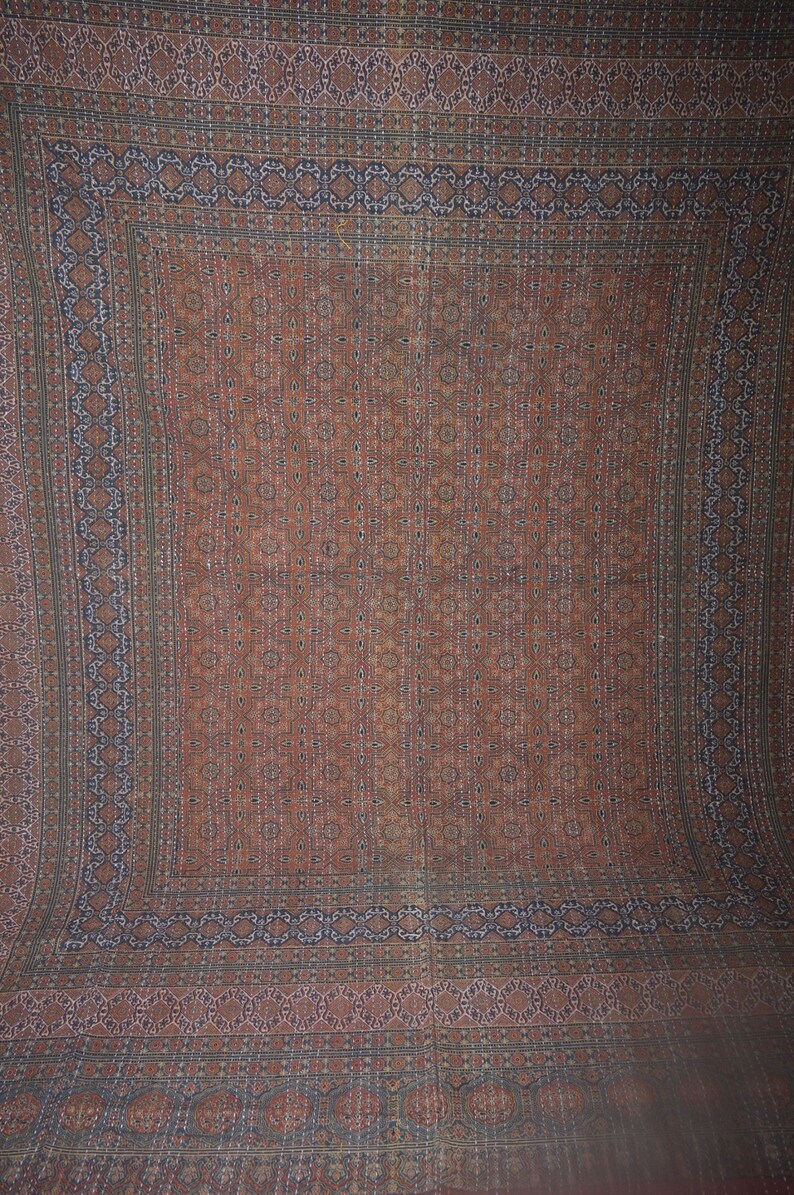 throw,Bed cover Bedspread Ajrak Queen size Traditional style Unique Kantha Quilt Handmade hand block print Saree