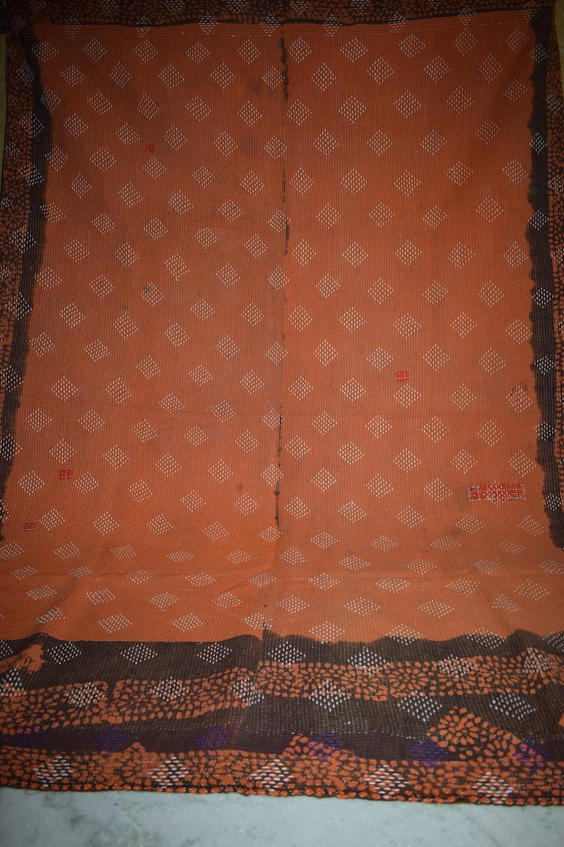 Twin Sari Block print Reversible Kantha Quilt Vintage Sari Kantha Throw 317