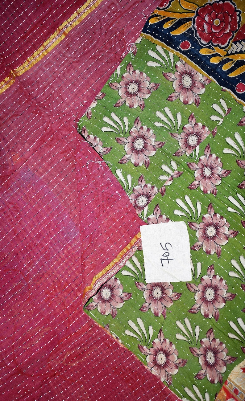 Twin Sari Reversible Kantha Quilt Vintage Sari Kantha Throw 705