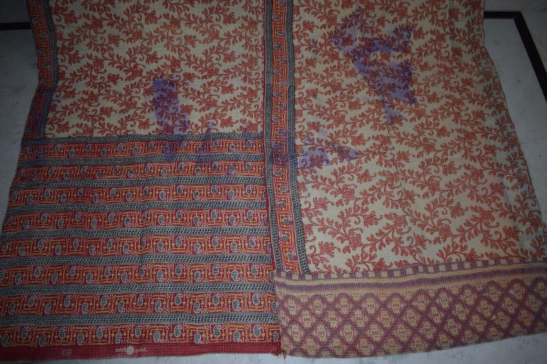 Twin Sari Reversible Kantha Quilt Vintage Sari Kantha Throw 105