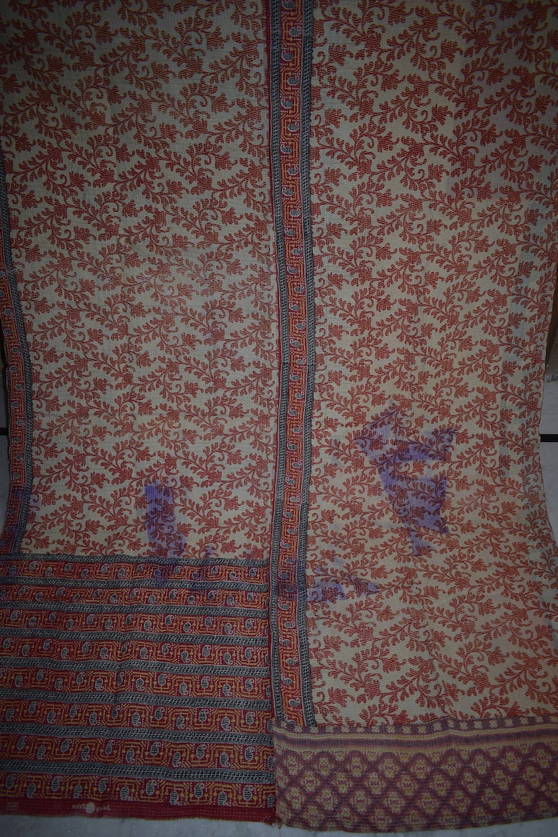 Twin Sari Reversible Kantha Quilt Vintage Sari Kantha Throw 105