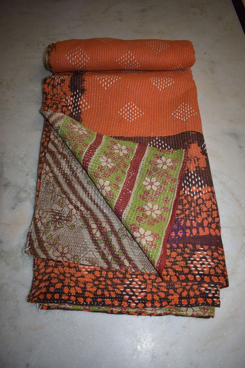 Twin Sari Block print Reversible Kantha Quilt Vintage Sari Kantha Throw 317