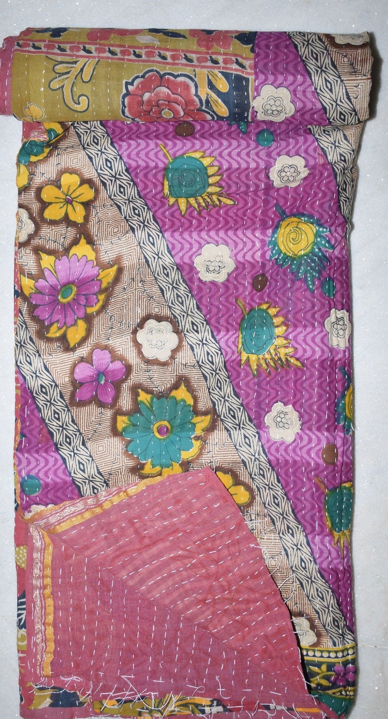 Twin Sari Reversible Kantha Quilt Vintage Sari Kantha Throw 705