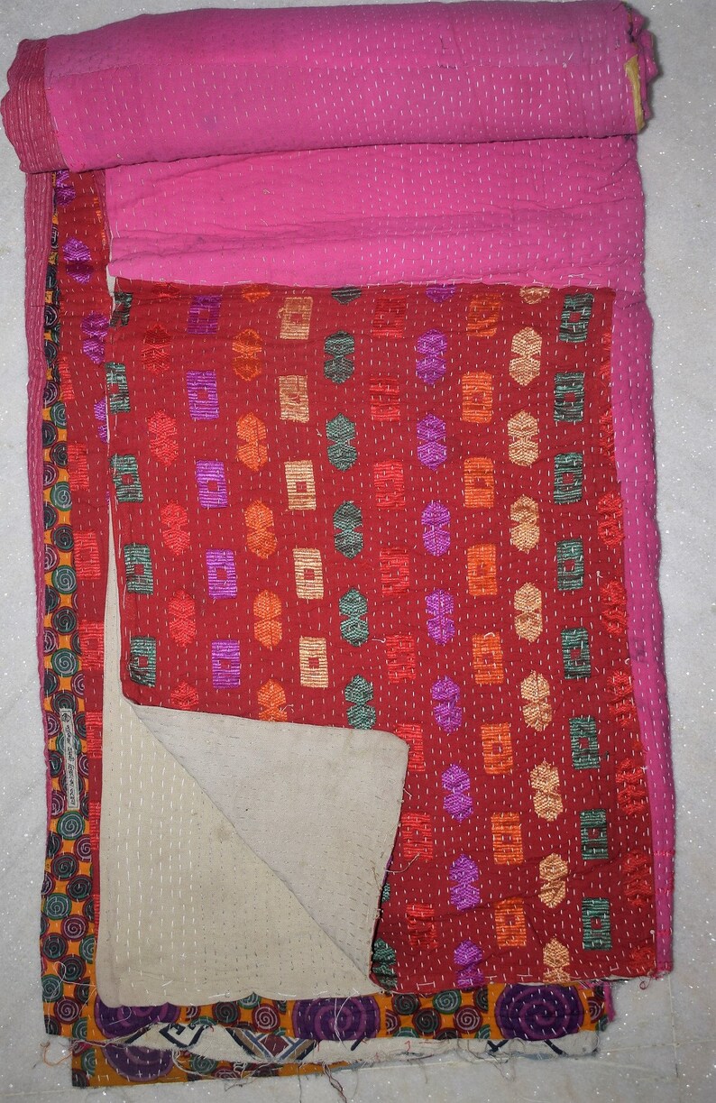 Handmade Indian Sari Vintage Kantha Ralli Throw Twin Size Patchwork Cotton Quilt