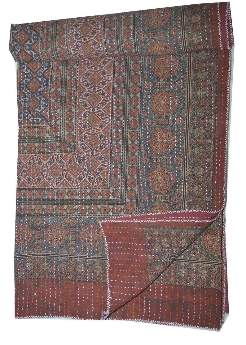 throw,Bed cover Bedspread Ajrak Queen size Traditional style Unique Kantha Quilt Handmade hand block print Saree