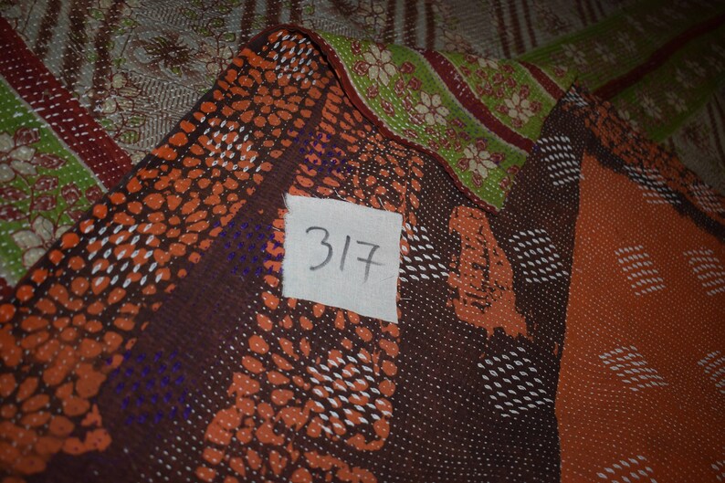 Twin Sari Block print Reversible Kantha Quilt Vintage Sari Kantha Throw 317