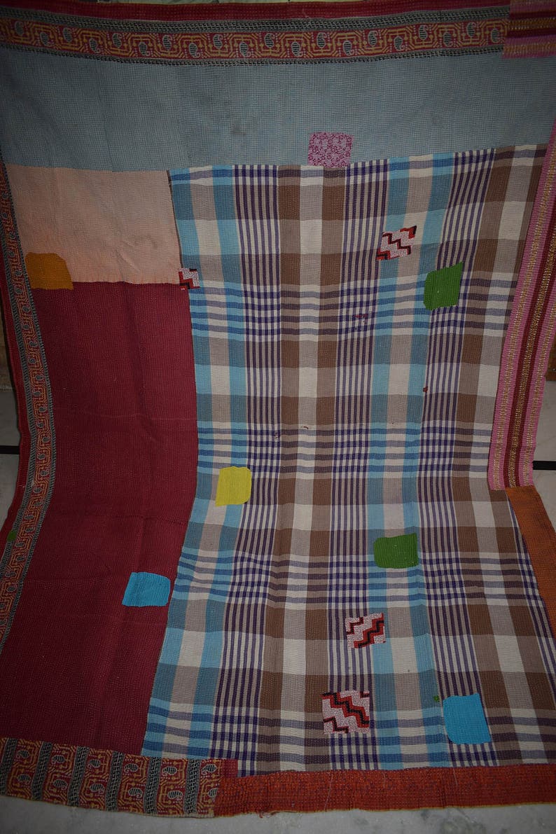 Twin Sari Reversible Kantha Quilt Vintage Sari Kantha Throw 105