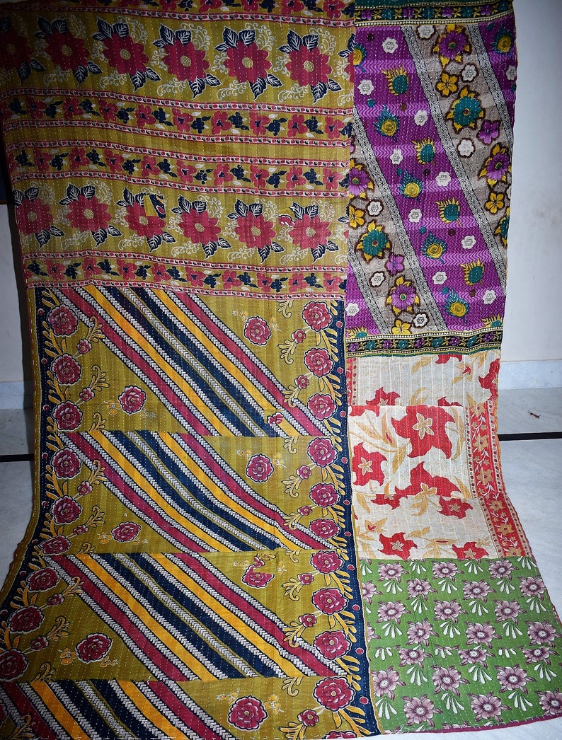 Twin Sari Reversible Kantha Quilt Vintage Sari Kantha Throw 705