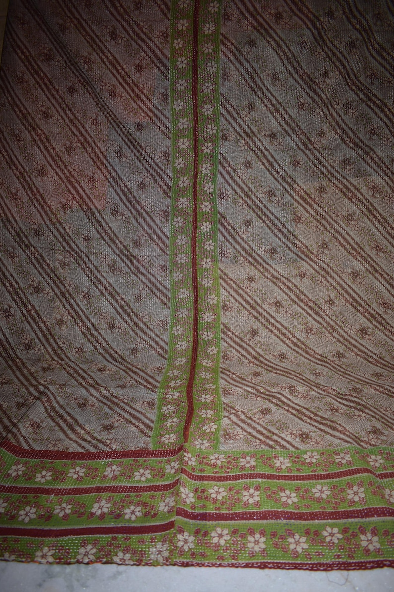 Twin Sari Block print Reversible Kantha Quilt Vintage Sari Kantha Throw 317