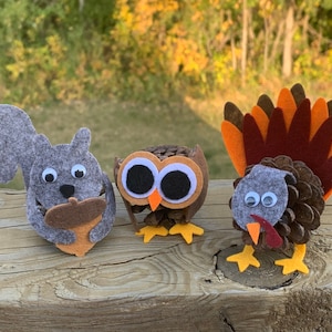 May include: Three felt and pine cone crafts: a gray squirrel holding an acorn, a brown owl with large white eyes, and a turkey with a brown, red, and orange feathered tail.
