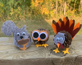 Pine Cone Kid&#39;s craft pattern - full pattern and tutorial to make a set of animals, Turkey, Owl, Squirrel Felt & PineCone Digital Download