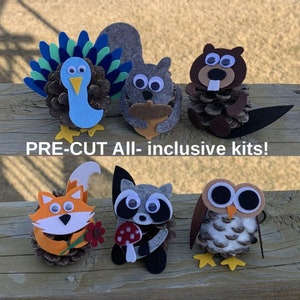 May include: A set of six pre-cut felt animal craft kits featuring a turkey, squirrel, beaver, fox, raccoon, and owl. Each animal is attached to a pine cone and has googly eyes. The text "PRE-CUT All-inclusive kits!" is printed on a wooden surface.