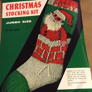 May include: A Bucilla Christmas stocking kit in jumbo size. The kit includes red, white, and green yarn, sequins, beads, and instructions for making a stocking with a Santa Claus design. The kit number is 7678.