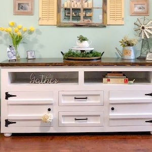 Farmhouse Console with Drawers and Open Shelving