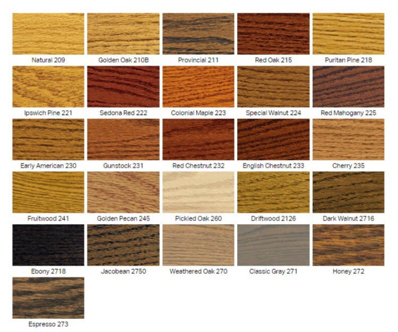 Puede incluir: Una tabla de 23 colores de tinte para madera con nombres y n&uacute;meros. Los colores van de claro a oscuro, con tonos de marr&oacute;n, rojo y gris.
