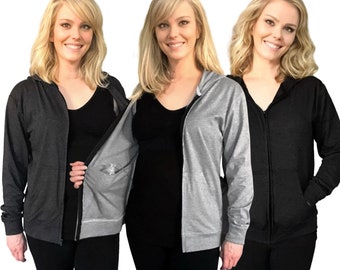 Clearance Imperfect Mastectomy Hoodie with drain pockets Black and Charcoal