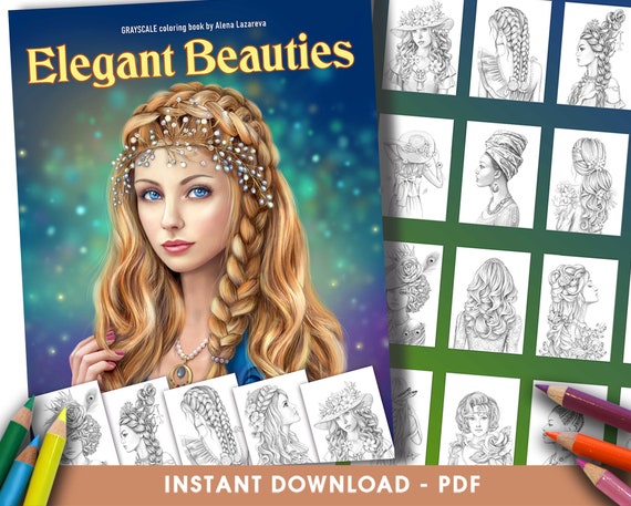 Download Pdf Coloring Book Elegant Beauties Grayscale Coloring Book Etsy