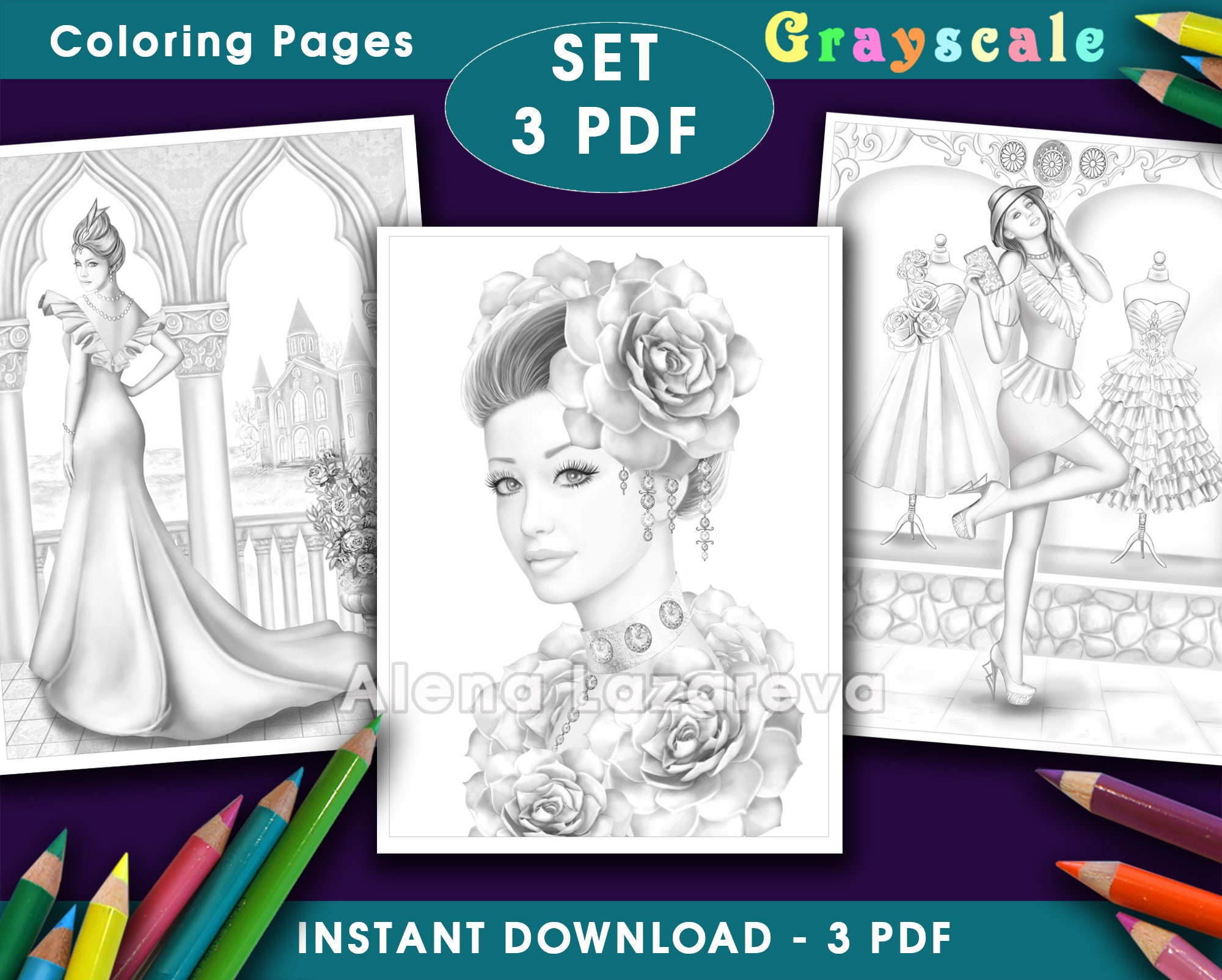 Download Coloring Pages 3 Pdf Grayscale Ladies Fashion Life Adult Etsy