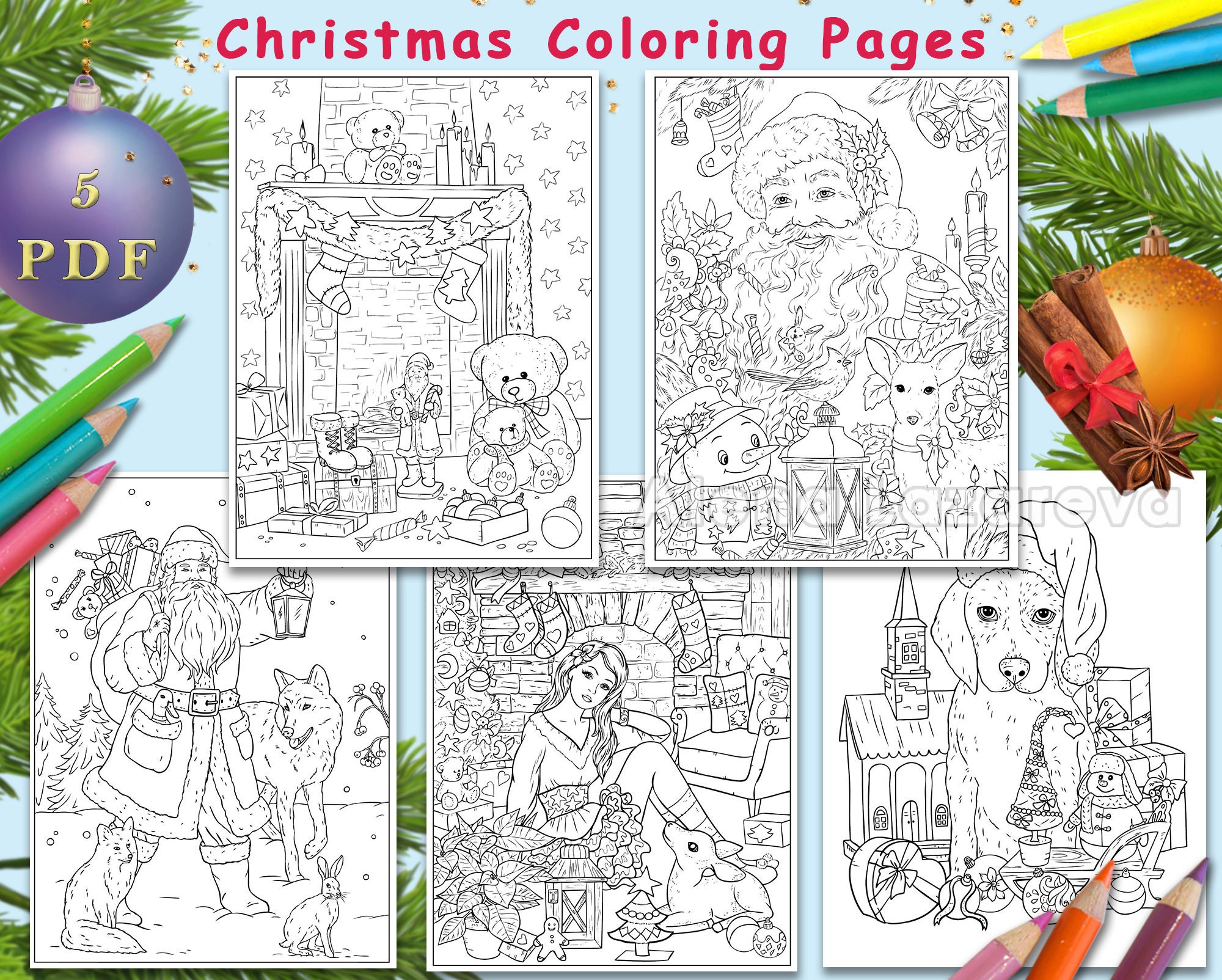 5 Christmas coloring pages pdf Line art Holiday winter (Adult Coloring, Coloring page ) INSTANT DOWNLOAD