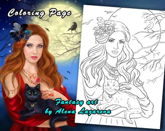 Coloring Page, Beautiful woman and black cat
