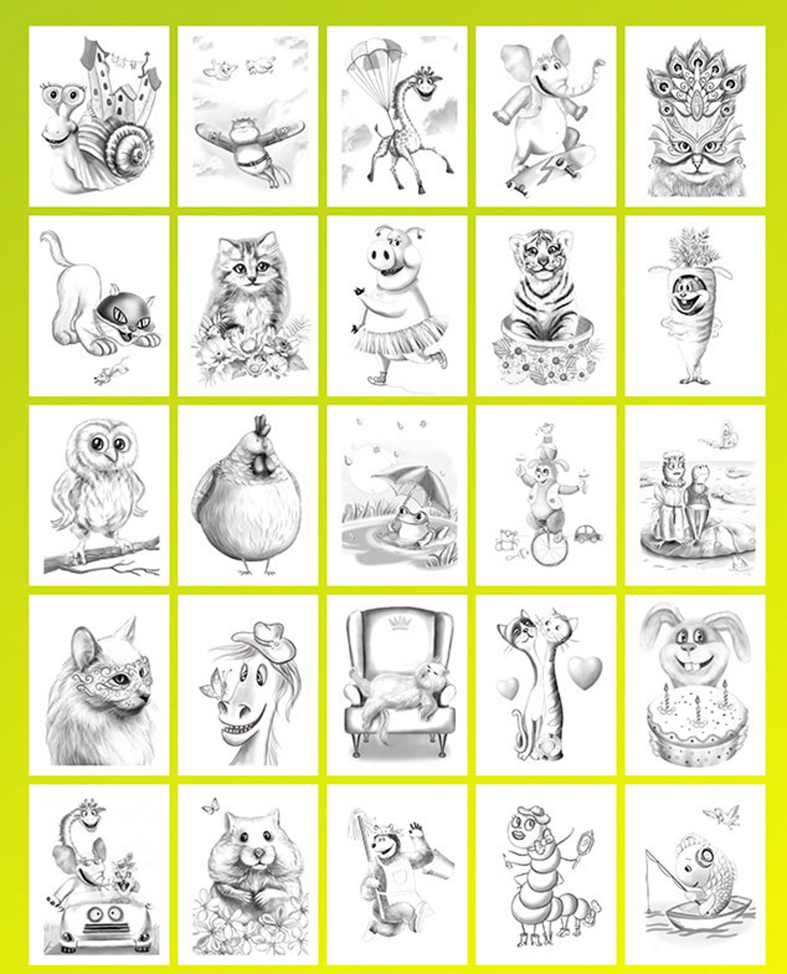 Printable Digital PDF Funny Animals Coloring Book GRAYSCALE | Etsy