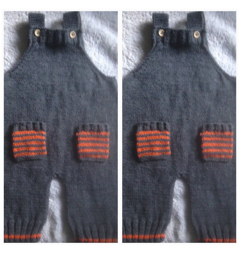 Hand knitted baby dungarees with striped patch pockets detail with over shoulder wooden fastenings also available with matching cardigan.