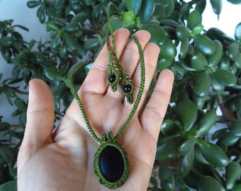 Shungite pendant, macrame necklace with shungite stone fro protection, amulet for balance and vs bad energy, healing jewelry for protection