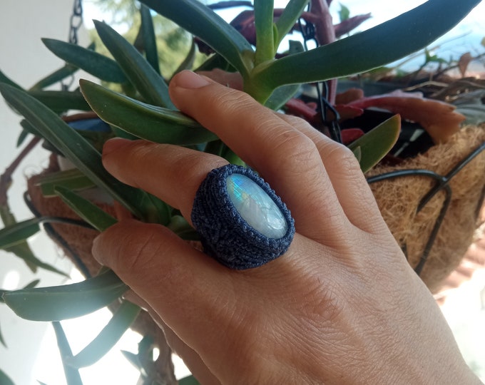 Moonstone macrame ring, filigree ring with oval moonstone, special gift for her