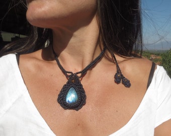 Labradorite necklace, celtic macrame choker with african blue flashy labradorite and tiger eye beads, special gift for women