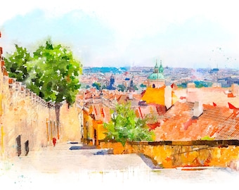 Prague Aerial Landscape, Watercolor Wall Décor Archival Signed Print Painting Photography Original Art Czech Republic