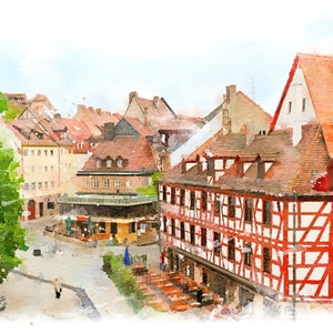 Nuremberg Germany Aerial View Print, Wall Décor Art, Digital Watercolor, Painting Photography Germany Art Wall Hanging, Medieval Village