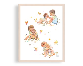 Puede incluir: Una ilustración de acuarela de cuatro niños jugando juntos. Los niños llevan ropa de color claro y están rodeados de flores y estrellas de colores. La ilustración está sobre un fondo blanco.