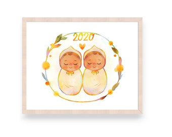 Twins of 2020 & 2021. New mom gift, baby shower gift, doula gift, mothering art, breastfeeding art