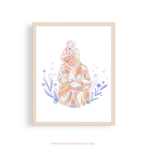Eerste Liefde. Originele kunst handgemaakte digitale print. Nieuwe moeder cadeau, kraam douche cadeau, doula cadeau, moederkunst, borstvoeding kunst