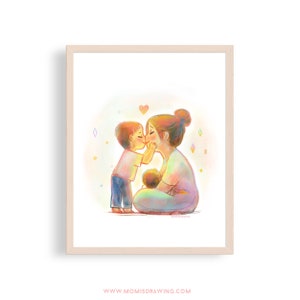 Big brother&#39;s kiss. New mom gift, baby shower gift, doula gift, mothering art, breastfeeding art