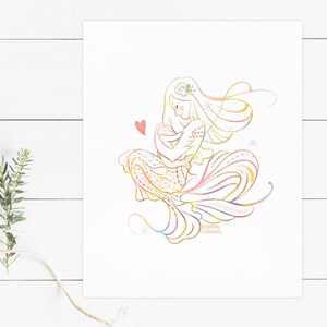 Nursing Mermaid mom,mermaid art, nursery decor, new mom, new baby, maternity, breastfeeding art, free shipping