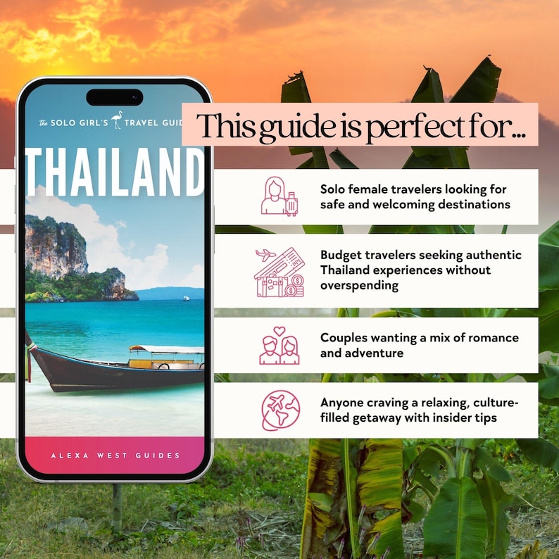 Thailand Travel Guide – A digital download featuring must-visit temples, stunning islands, hidden gems, and a curated itinerary. Perfect for solo travelers, backpackers, and adventure seekers exploring Thailand. Instantly download this guide to plan your trip with expert tips on where to stay, eat, and explore!