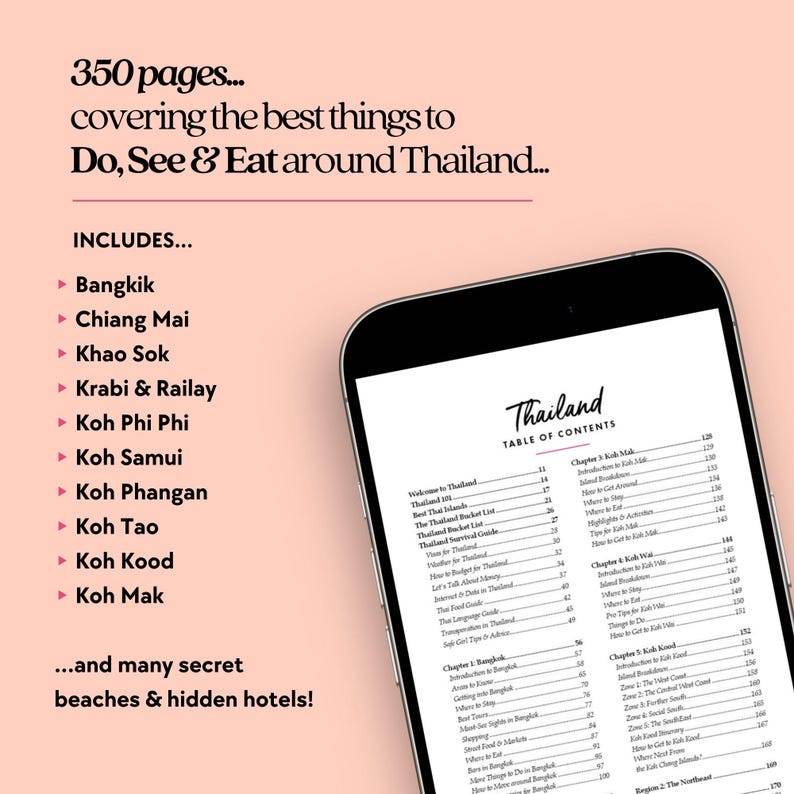 Thailand Travel Guide – A digital download featuring must-visit temples, stunning islands, hidden gems, and a curated itinerary. Perfect for solo travelers, backpackers, and adventure seekers exploring Thailand. Instantly download this guide to plan your trip with expert tips on where to stay, eat, and explore!