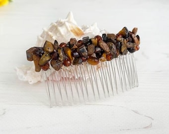 Gothic gemstone hair clip Tiger Eye crystal hair comb Brown stones hair piece Sparkle beaded hair clip Boho wedding headpiece for bridesmaid