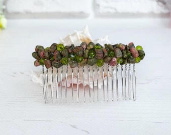 Unakite gemstones hair accessories Green pink crystals hair comb Embellished stones hair clip Beaded wedding headpiece Jeweled comb bride