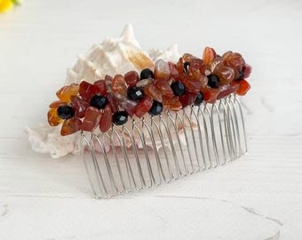 Orange black stones hair comb Carnelian hair piece Bling crystals hair clip Boho autumn wedding beaded hair comb Gemstones bridal headpiece