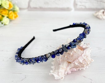 Navy blue stones headband Lapis Lazuli crystals headpiece Navy sparkle bridal hair piece Gemstone beaded hair jewelry Bling wedding crown