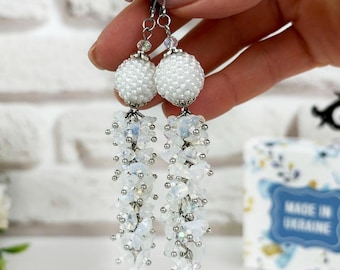 Opal Kristall Ohrringe Cluster Mondstein Edelstein Ohrringe Lange Perlen Kugeln Ohrringe Weiße Steine Braut Ohrringe Hochzeit baumeln Tropfen Ohrringe