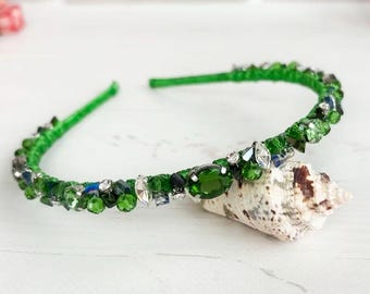 Green crystals crown, Rhinestones green hair piece for women, Holiday sparkle headband, Bling beaded tiara, Christmas headpiece women gift