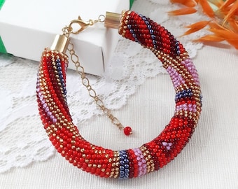 Patchwork red seed beaded bracelet women Birthday women gift Geometric beading bracelet Chunky statement bracelet Crochet bead rope jewelry