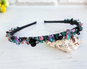 Green black crystals headband Thin sparkle tiara crown Rhinestones gothic hair piece Pink black beaded headpiece wedding Modern bling crown