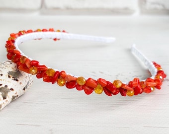 Orange Coral hair jewelry, Gemstone crystal tiara crown, Summer wedding bridal headband, Bridesmaid beaded hair piece Prom, Stone headpiece