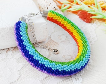 Festival beading rainbow bracelet, Lgbt pride Seed bead bracelet, Rope crochet jewelry, Multicolored unisex jewelry Friendship lesbian gift