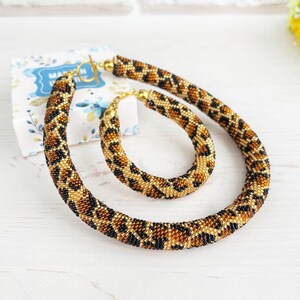 Leopard seed beaded crochet necklace & bracelet set, Leopard beading jewelry, Birthday women gift, Bold statement beadwork necklace