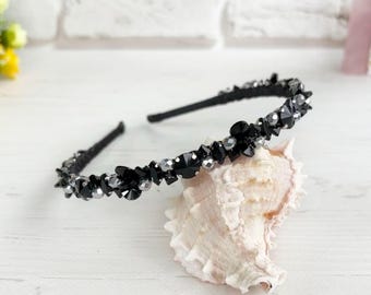 Schwarze Kristalle Krone, Hexen Hochzeit schwarz silber Stirnband, Sparkle Perlen Kopfschmuck, Strasssteine Halloween Krone, Gothic Haarschmuck